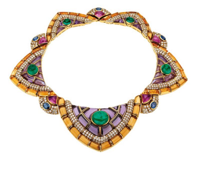 Necklace set with cabochon emeralds, sapphires, diamonds and amethysts. (Bulgari Heritage Collection)