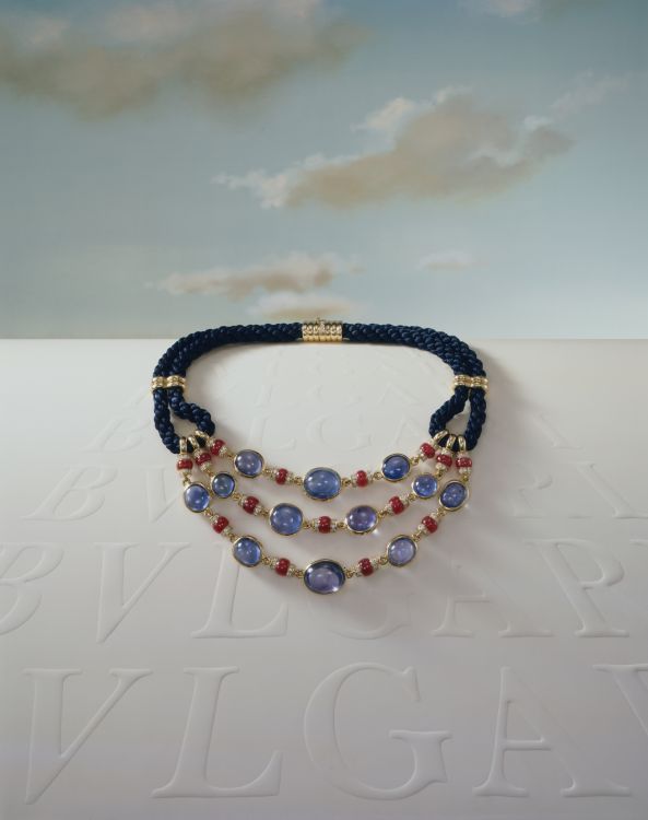 Necklace in gold with silk cord, sapphires, rubies and diamonds, ca. 1982 from Bulgari Heritage Collection. (Jean-Francois Schlemmer)