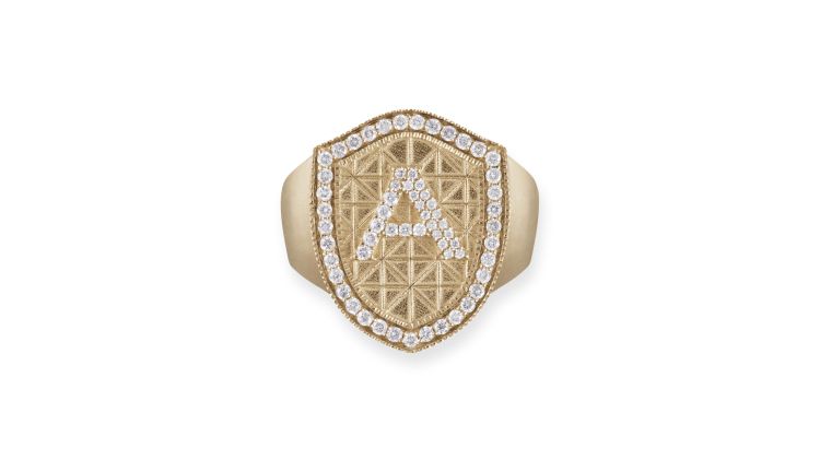 Pave diamond geometric initial shield signet ring. (Jacquie Aiche)